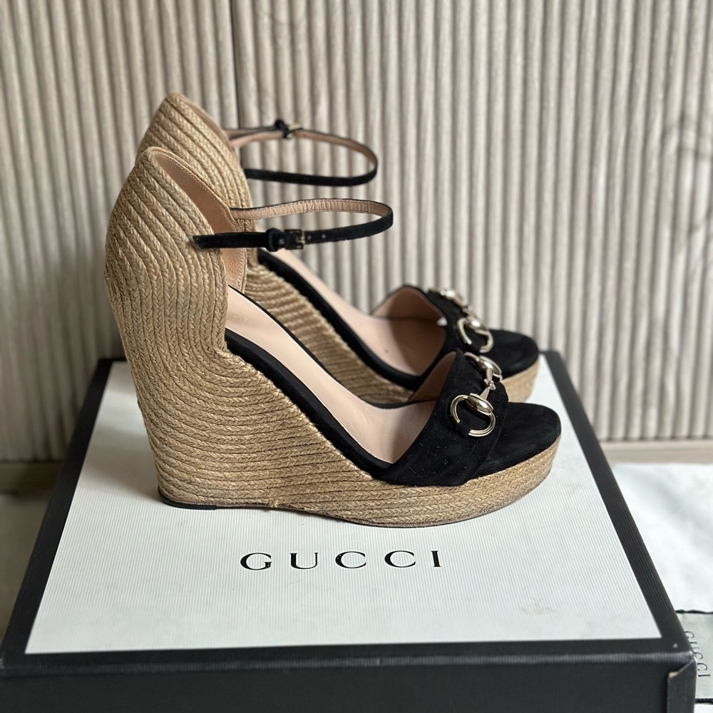 Gucci Women's Black Horsebit Espadrille Wedge Sandals